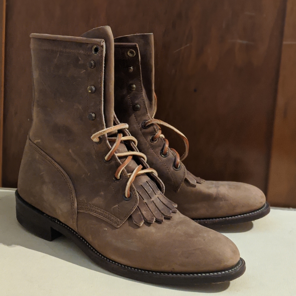 Vintage JUSTIN Brown Leather Lace-Up Combat Boot